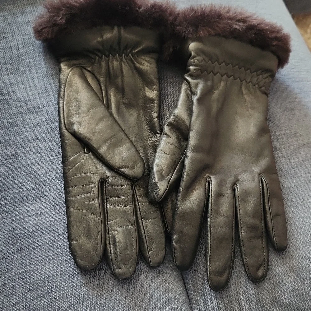 Vintage Fownes Black Genuin Leather Thinsulated Gloves with Faux Fur Trim Sz XL